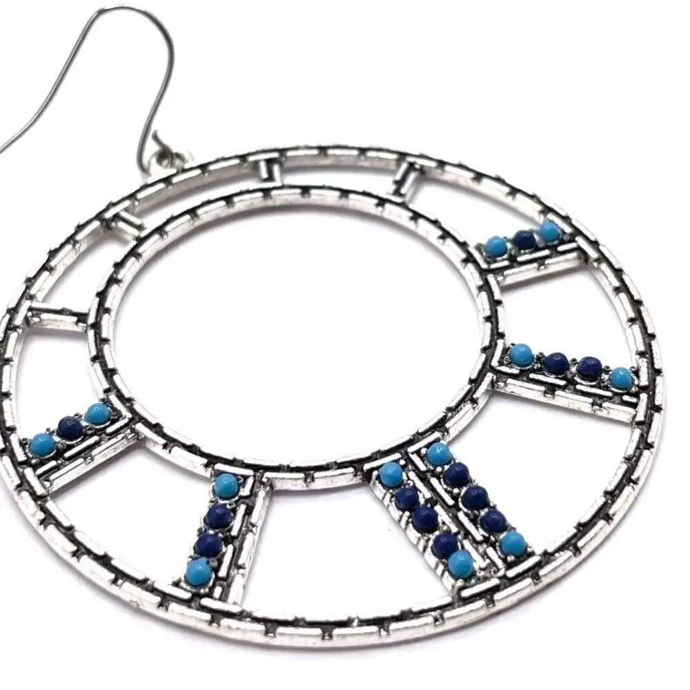 Silver with Navy and Turquoise Oil Drip Boho Open Round Hoop Earrings